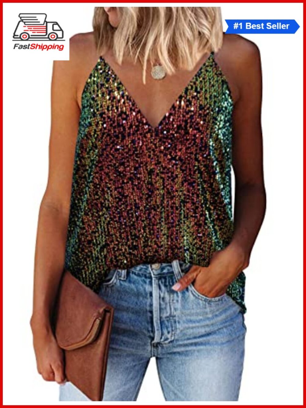 ✨Womens Sequin Tank Top V Neck Racerback Sleeveless Party Clubwear Camisole